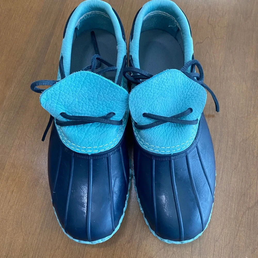LL Bean Rubber Moc Bean Boots Navy Light Blue Duck Shoes‎ Womens 8 M Made in USA